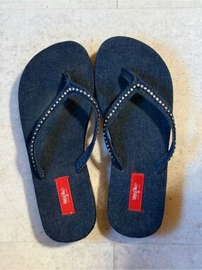 Denim Navy Rhinestone Strap Flip Flop Sandals - Women's Casual Beachwear